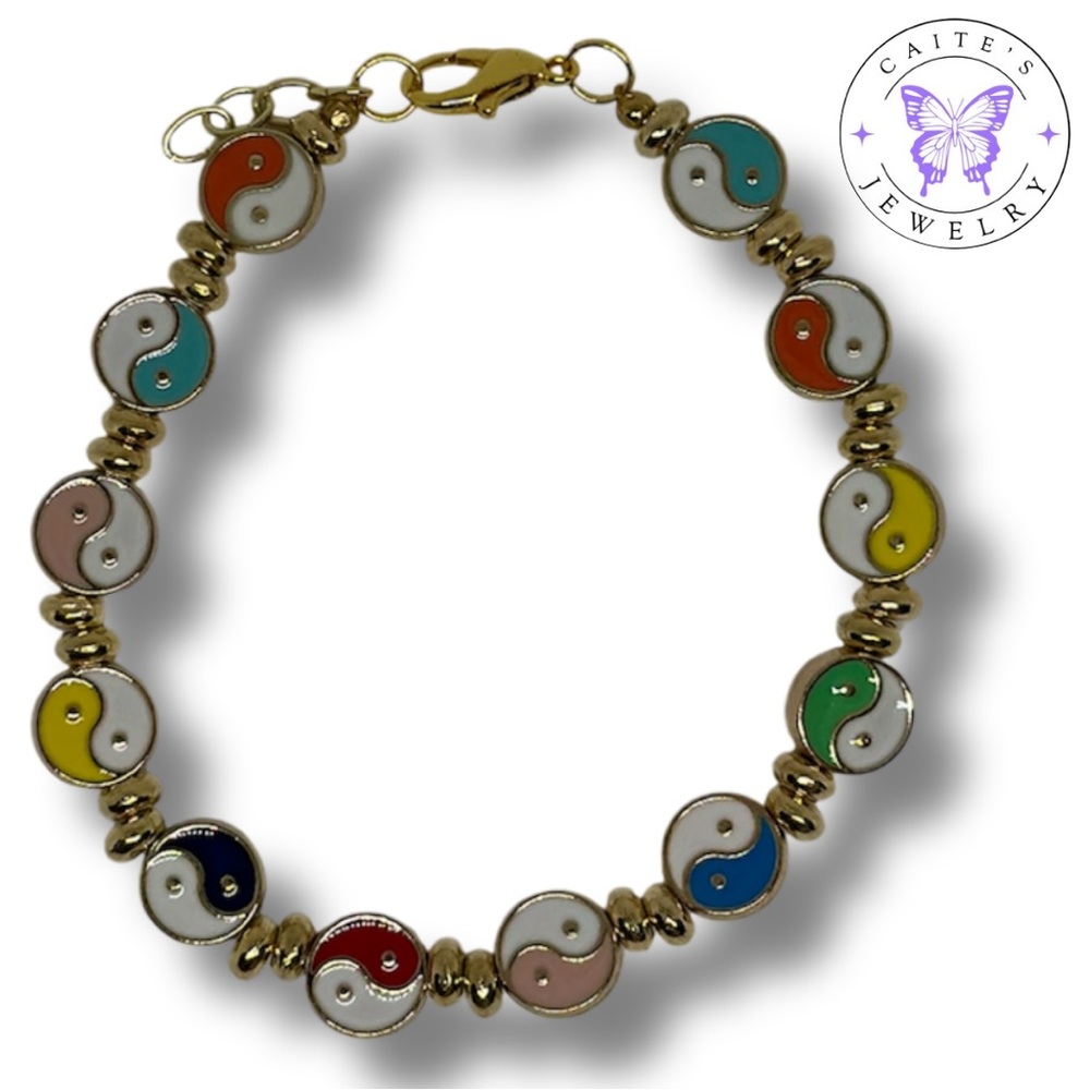 Handmade Gold Wire Bracelet with Pastel Yin and Yang Beads